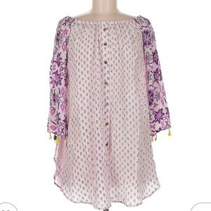 Anupamaa Purple Floral Silk Blend Boho Tassel Tunic Top Mini Dress NWT Medium